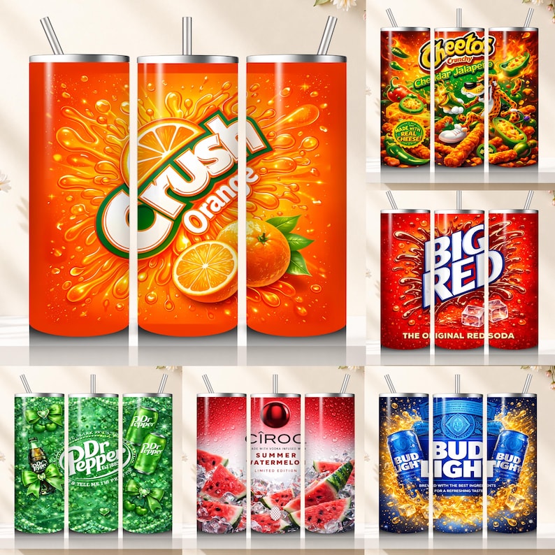 May include: A collection of insulated tumblers featuring vibrant designs. The tumblers showcase popular brands like Crush Orange, Cheetos, Big Red, Dr. Pepper, Ciroc Summer Watermelon, and Bud Light. Each tumbler has a straw and a silver rim.