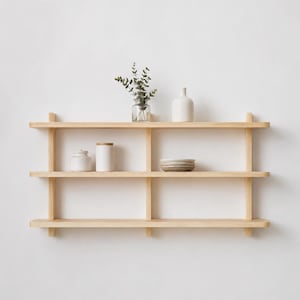 May include: A light-colored wooden shelf with three tiers, holding a small glass vase with greenery, a white ceramic bottle, a small jar, a cylindrical container, and a stack of plates. The shelf is mounted on a white wall.