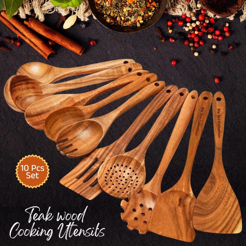 May include: A set of ten teak wood cooking utensils, including spoons, spatulas, and slotted tools. The wooden tools are light brown with visible wood grain. The text "10 Pcs Set" and "Teak wood Cooking Utensils" are visible.