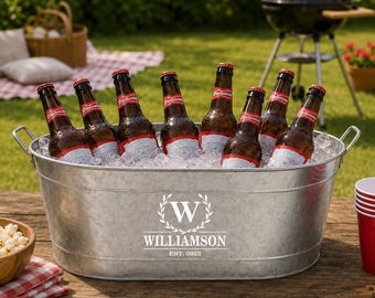 Personalized Galvanized Beverage Tub, Laurel Wreath Ice Bucket, Wedding Gift, Party Drink Cooler