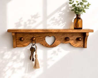 Rustic Farmhouse Heart Wall Shelf with Peg Hooks, Wooden Entryway and Mudroom Organizer, Nursery and Coffee Bar Decor