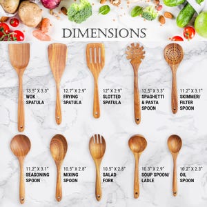 May include: A collection of wooden kitchen utensils, including spatulas, spoons, and a salad fork. The image displays the dimensions of each utensil, with the wok spatula measuring 13.5" x 3.3" and the oil spoon measuring 10.2" x 2.3".