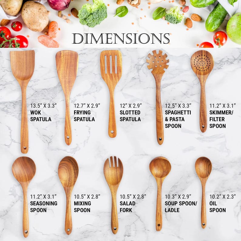 May include: A collection of wooden kitchen utensils, including spatulas, spoons, and a salad fork. The image displays the dimensions of each utensil, with the wok spatula measuring 13.5" x 3.3" and the oil spoon measuring 10.2" x 2.3".