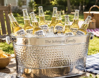 Personalized Stainless Steel Beverage Tub, Engraved Party Ice Bucket, Galvanized Drink Cooler
