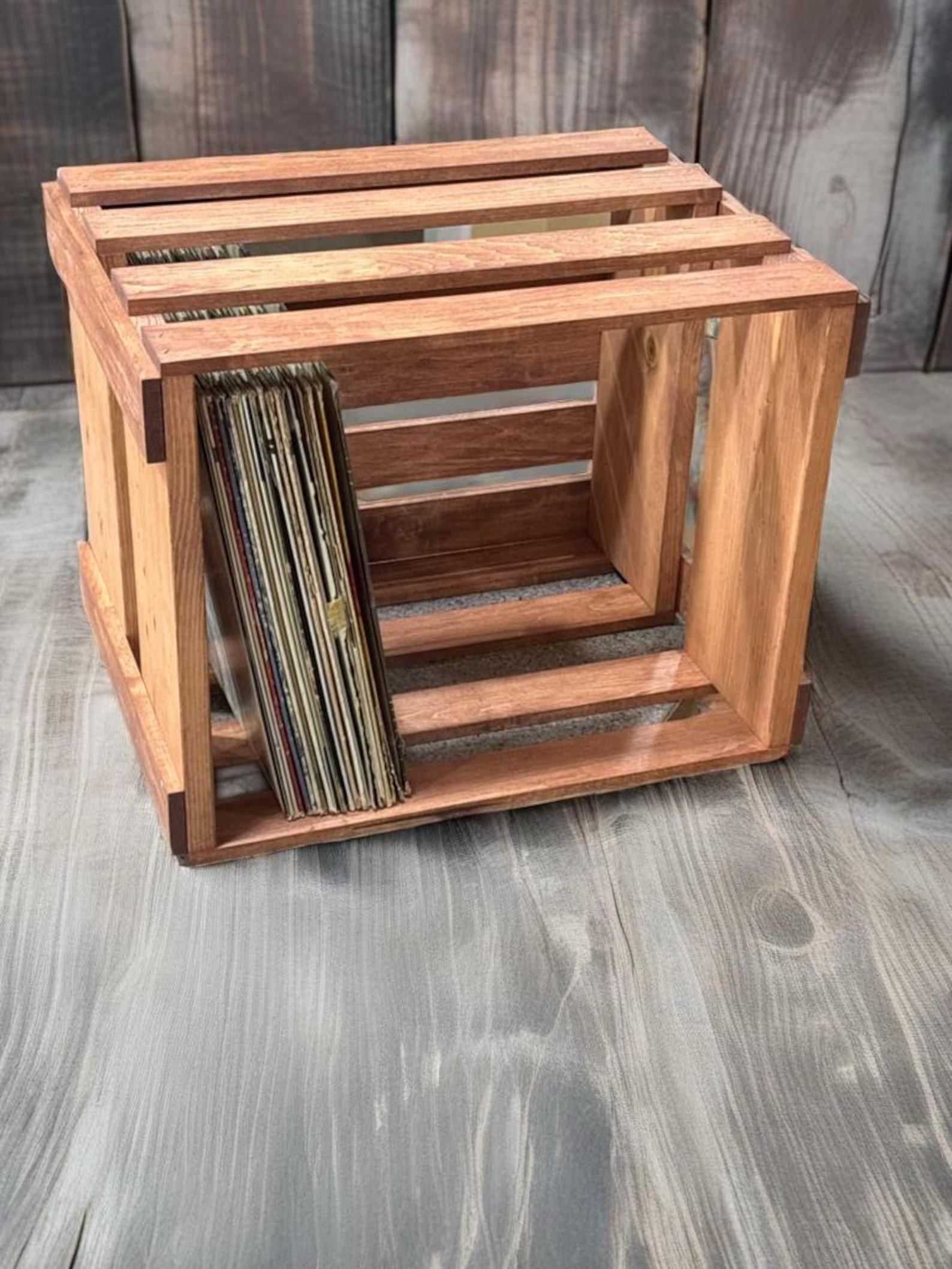 12" Vinyl Record Crate, Solid Wood LP Storage Box, Cherry Wooden Album ...