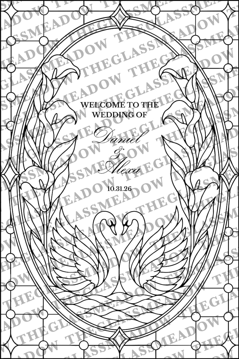 Pode incluir: Uma ilustra&ccedil;&atilde;o de arte linear em preto e branco com uma moldura oval estilo vitral, decorada com copos-de-leite e dois cisnes frente a frente. O texto diz: WELCOME TO THE WEDDING OF Daniel & Alexa 10.31.26. O fundo tem um padr&atilde;o de grade.