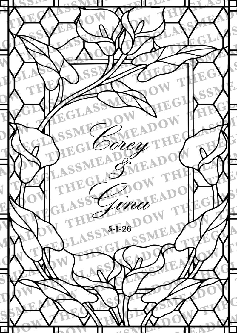 Puede incluir: Una ilustraci&oacute;n de arte lineal en blanco y negro que presenta un marco rectangular con un patr&oacute;n de rejilla hexagonal. Flores y hojas de cala rodean un &aacute;rea central que contiene el texto Corey & Gina y la fecha 5-1-26 en cursiva.