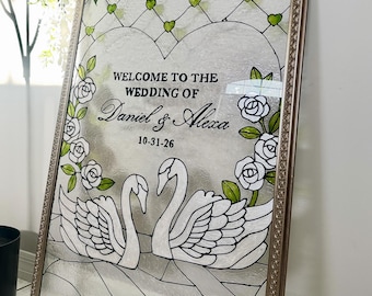 Letrero de boda de vidrieras del Lago de los Cisnes - Plantilla digital editable (3 tamaños)