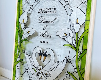 Letrero de boda de vidrieras con forma de cisne - Plantilla digital editable (3 tamaños)