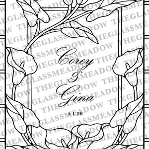 Puede incluir: Un patr&oacute;n de arte lineal en blanco y negro con calas que enmarcan un centro rectangular. El texto dice Corey & Gina con la fecha 5-1-26. El dise&ntilde;o est&aacute; superpuesto con una marca de agua repetitiva del texto THEGLASSMEADOW en la imagen.