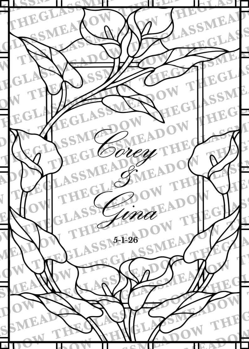 Puede incluir: Un patr&oacute;n de arte lineal en blanco y negro con calas que enmarcan un centro rectangular. El texto dice Corey & Gina con la fecha 5-1-26. El dise&ntilde;o est&aacute; superpuesto con una marca de agua repetitiva del texto THEGLASSMEADOW en la imagen.