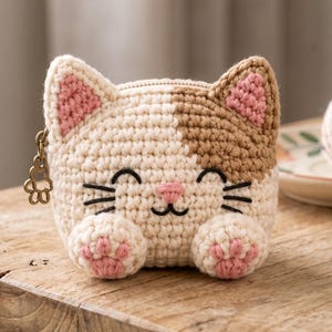 May include: A small, round, crocheted cat-shaped coin purse featuring cream and light brown yarn, pink inner ears, and pink paw pads. The face has embroidered black eyes, whiskers, and a pink nose. A bronze-colored metal paw print charm is attached.