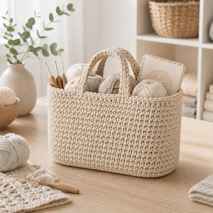 May include: A rectangular, cream-colored crocheted basket with two sturdy handles, filled with several balls of yarn in neutral tones, a small spiral-bound notebook, and two wooden crochet hooks tucked into the side of the basket.