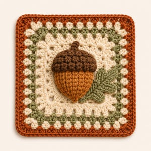 Puede incluir: Un cuadrado de ganchillo tipo granny square con un motivo central tridimensional de bellota y hoja de roble. El cuadrado tiene un centro color crema, un borde de puntos verde salvia y crema, y un borde exterior de hilo naranja oscuro.