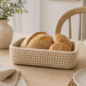 May include: A rectangular, beige, hand-crocheted basket made of thick yarn. The basket contains one large, crusty loaf of bread and two smaller, round, seeded bread rolls. The basket has a sturdy, structured shape with visible stitch patterns.