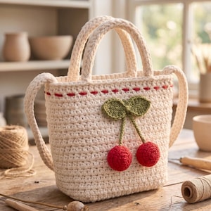 Può includere: Borsa tote all'uncinetto color crema con dettagli di ciliegie rosse. La borsa presenta un paio di ciliegie rosse con foglie verdi e un bordo cucito rosso. Ha due manici ed è appoggiata su una superficie di legno.
