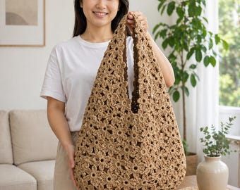 Modello PDF per borsa a fiori all'uncinetto, borsa shopper floreale, borsa estiva all'uncinetto, borsa da mercato fai da te, tutorial scaricabile immediatamente