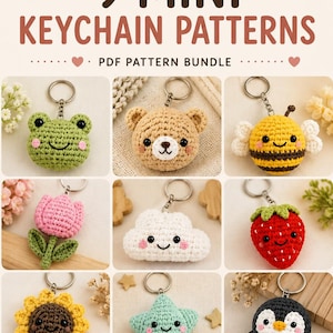 May include: A digital display showing 9 mini crochet keychain patterns with the text 9 MINI KEYCHAIN PATTERNS PDF PATTERN BUNDLE. The images feature a green frog, brown bear, yellow bee, pink tulip, white cloud, red strawberry, sunflower, star, and penguin.