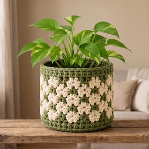 May include: A cylindrical crochet plant pot cover featuring a repeating geometric pattern in olive green and cream yarn. The cover holds a green leafy plant with variegated foliage, showcasing a textured, hand-stitched design throughout the exterior.
