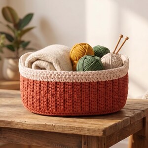 Patrón de cesta de ganchillo / Cesta de almacenamiento acanalada con asas / Cesta rectangular en PDF / Decoración moderna para el hogar / Descarga instantánea