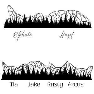 Puede incluir: Un diseño gráfico negro con dos filas horizontales de siluetas de montañas con bosques de pinos en la base. La fila superior incluye los nombres Elphaba y Hazel. La fila inferior presenta los nombres Tia, Jake, Rusty y Arcus.