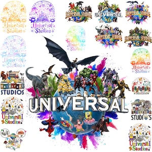 May include: A collection of Universal Studios designs featuring various characters and logos. The designs include characters from movies like Transformers, Minions, and Marvel superheroes. The word "UNIVERSAL" is prominently displayed in a large, bold font.
