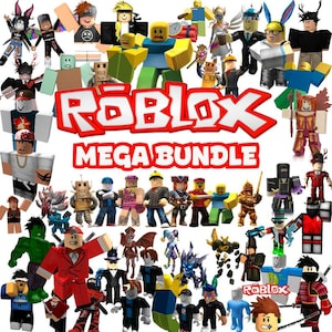 Puede incluir: Una colección de figuras de personajes de Roblox en varias poses y atuendos. Las figuras son de diferentes colores y estilos, con el logotipo de Roblox y el texto "MEGA BUNDLE" en rojo y blanco.
