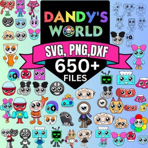 Op de afbeelding: Een verzameling kleurrijke cartoonkarakterontwerpen met de tekst "DANDY'S WORLD" in regenboogkleuren. De afbeelding bevat ook de tekst "SVG, PNG, DXF 650+ FILES". De karakters hebben verschillende vormen en kleuren.