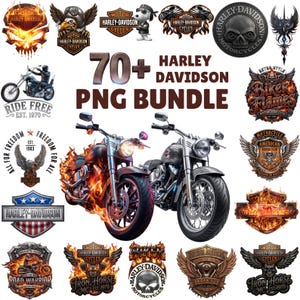 Pode incluir: Uma coleção de gráficos PNG com tema Harley-Davidson. A imagem apresenta ilustrações de motocicletas, desenhos de caveiras, emblemas de águias e o texto "70+ Harley Davidson PNG Bundle". A paleta de cores inclui tons de laranja, preto e prata.