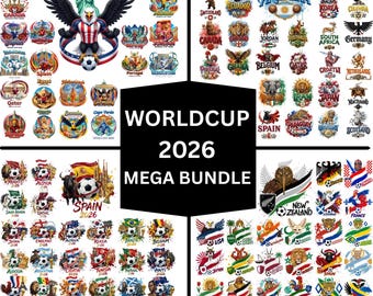 May include: A collection of soccer-themed graphics for the 2026 World Cup, featuring country flags, mascots, and the text "WORLD CUP 2026 MEGA BUNDLE." The designs include the USA, Spain, Japan, and other participating nations, with soccer balls.