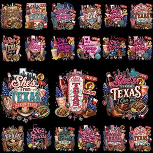Puede incluir: Una colección de diseños gráficos con el texto She's From Texas I Can Tell, acompañados de ilustraciones de botas vaqueras, sombreros, tacos, botellas de Dr Pepper, flores de lupino y el contorno del estado de Texas sobre fondo negro.