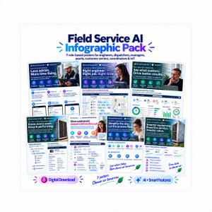 May include: A digital download pack featuring seven Field Service AI infographics for Microsoft Dynamics 365. The posters display role-based information for engineers, dispatchers, managers, and customer service, including charts, software interfaces, and text.