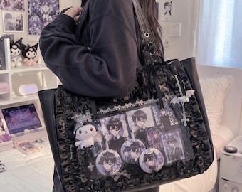 Kawaii Goth Ita Tote Bag | Anime Photocard Display Shoulder Bag, Black Lace Ita Bag, Customisable Pin Bag, Alt Fashion Gift