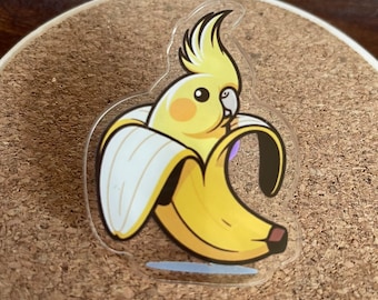 Cockatiel Banana Pin. Yellow Banana-Tiel. Free Ship. For Shirts, bags, hats and more.