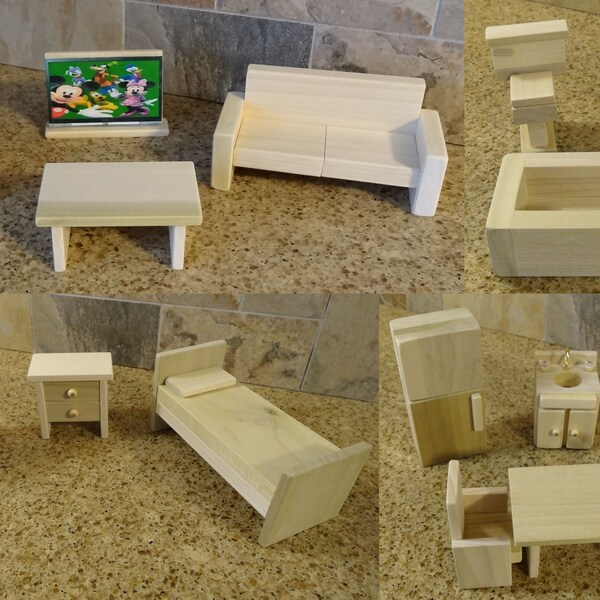Wooden Dollhouse Furniture HandCrafted FREE SHIPPING! All 4 rooms with 16 pieces.
