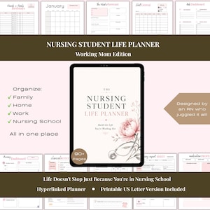 May include: A digital nursing student life planner for working moms displayed on a tablet screen. The cover features a pink peony and stethoscope illustration with the text The Nursing Student Life Planner. Includes 90+ pages and templates.
