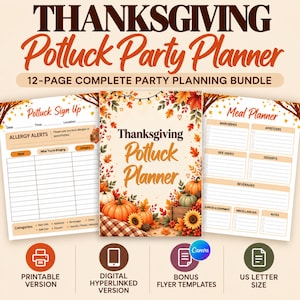 Peut inclure: Un ensemble de 12 pages pour planifier un repas de Thanksgiving, incluant une page de couverture avec des feuilles d'automne, des citrouilles et des tournesols. Comprend une feuille d'inscription et un planificateur de repas avec des sections.