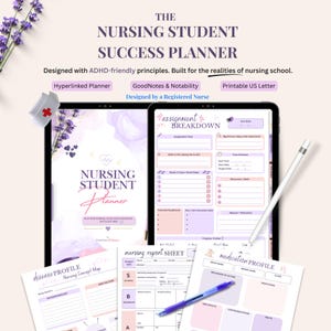 Puede incluir: Un planificador digital para estudiantes de enfermería en dos tabletas y tres hojas impresas. El texto dice THE NURSING STUDENT SUCCESS PLANNER, diseñado con principios amigables para el TDAH, e incluye secciones para tareas, perfiles de enfermedades y medicamentos.