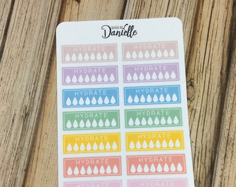 Hydrate Stickers, Water Tracker Stickers, Hydrate Planner Stickers, Water Habit Tracker Sticker, set of 14 - Pastel