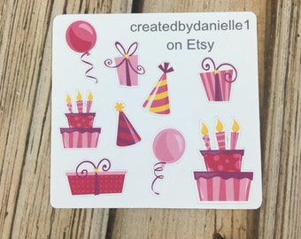 Pink Birthday Sticker Sampler, Birthday Planner Stickers, Birthday Party Planner Stickers, set of 9