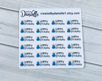 Happy Birthday - Script Word Planner Stickers for Calendar, Journal, Notebook or Planner, Birthday Stickers,  set of 24 - Blue