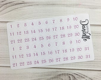 Number Stickers for Date in Undated Planner, Calendar, Journal or Notebook, Functional Number Dot Stickers, set of 62 - Purple