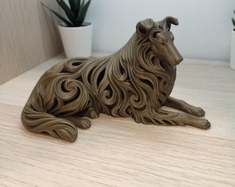 Beeldje van een ruwharige collie, decoratief hondenbeeldje voor op tafel of plank, cadeau voor hondenliefhebbers, 3D colliebeeld