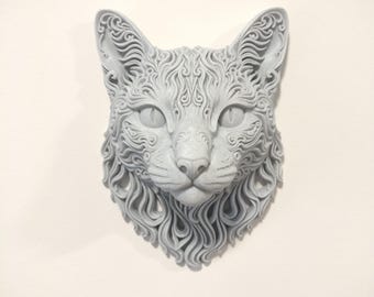 Vloeiende kattenkop muursculptuur, 3D kattenmuurschildering voor huisdecoratie | Cadeau voor kattenliefhebbers, eerbetoon aan uw huisdier, 3D-print