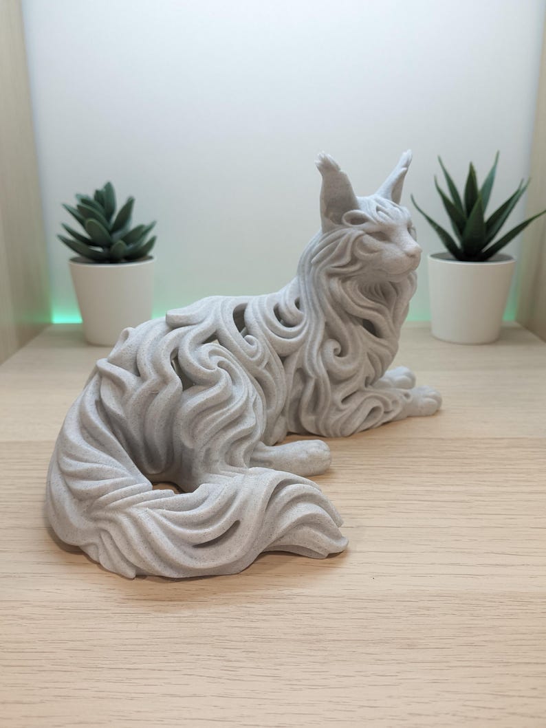 Beeldje van een Maine Coon-kat met marmerlook, decoratief kattenbeeldje voor op tafel of plank, cadeau voor kattenliefhebbers, 3D-kunst afbeelding 2