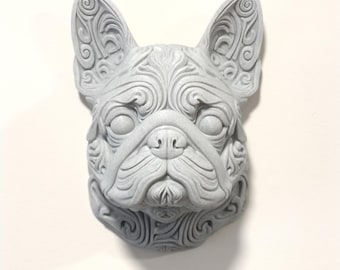 Muurdecoratie met marmerlook van een Franse bulldog, hangende sculptuur van een hondenhoofd, cadeau voor hondenliefhebbers, 3D-wanddecoratie