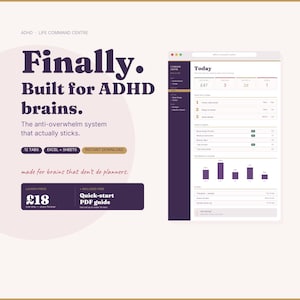 Könnte beinhalten: Eine digitale Planer-Oberfläche mit dem Text „Endlich. Gemacht für ADHS-Gehirne.“ Die Oberfläche enthält Registerkarten, Diagramme und eine Aufgabenliste. Das Design ist in Lila-, Weiß- und Goldtönen gehalten.