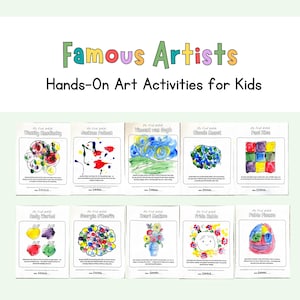 Op de afbeelding: Een set van tien educatieve kunstwerkbladen getiteld Famous Artists Hands-On Art Activities for Kids. Elk blad bevat de naam van een beroemde kunstenaar, een kleurrijke handgetekende illustratie en beschrijvende tekst met een naamveld.