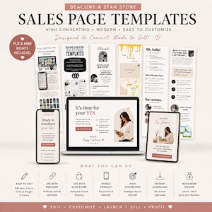 May include: A digital product display featuring sales page templates for Beacons and Stan Store. The image shows a laptop and smartphone screen displaying website layouts, surrounded by vertical template previews with text and graphic elements.