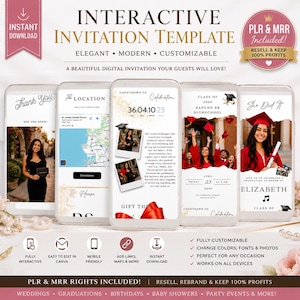 May include: Interactive invitation template displayed on five smartphones. The template includes customizable elements for weddings, graduations, and other events. Features include the ability to add links, maps, and photos. The design is elegant and modern.